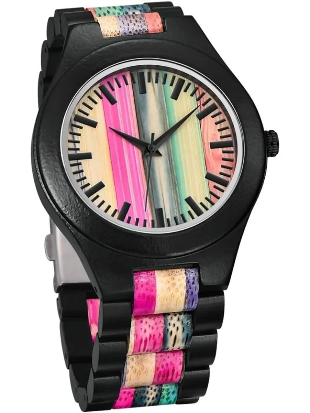 Men's Black&Multicolor Analog Handmade Colorful Bamboo Engraved Wooden Watch